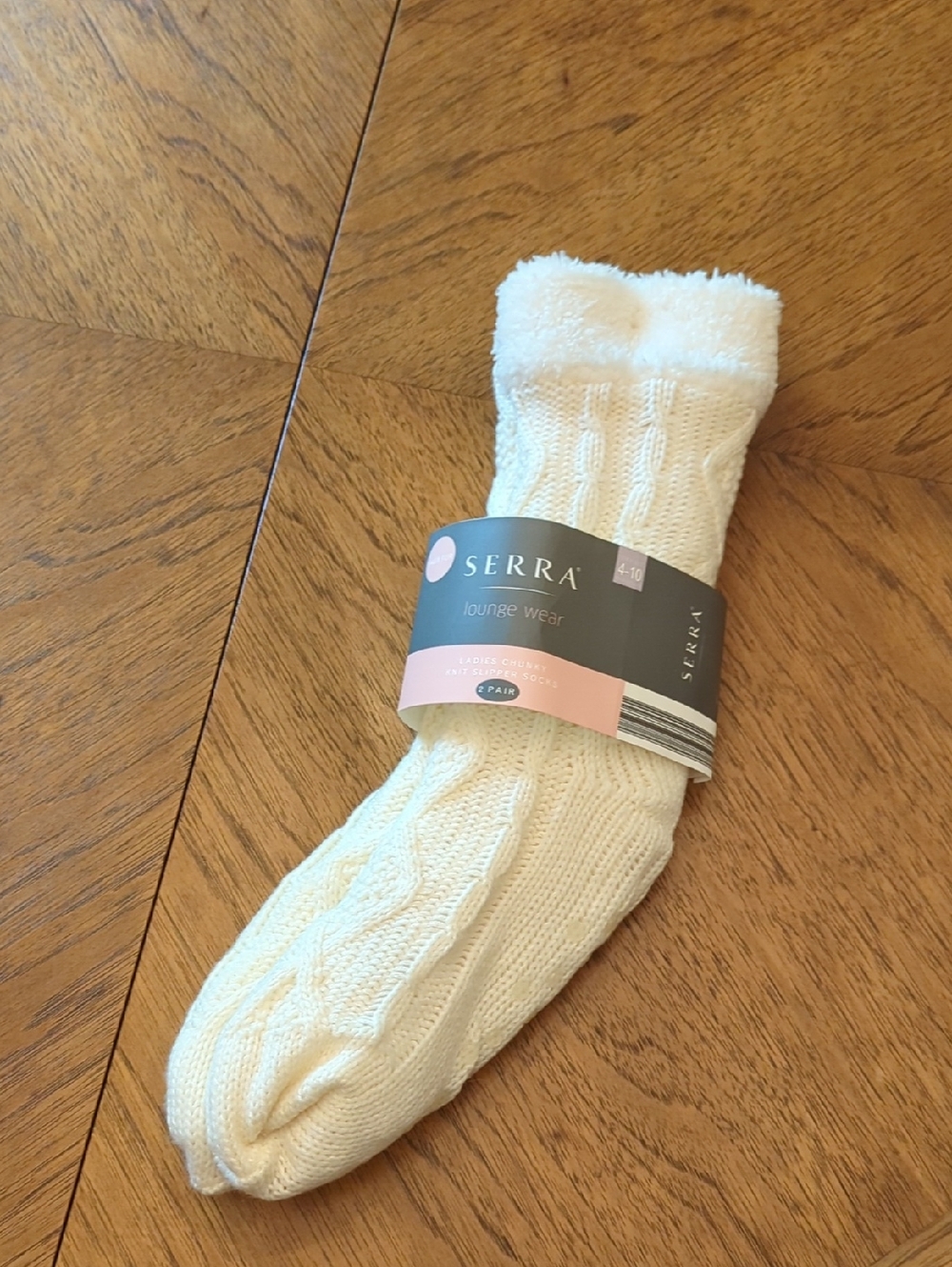 Serra Cream Cable Knit Fuzzy Cuff Lounge Sock Slippers - 1 Pair
